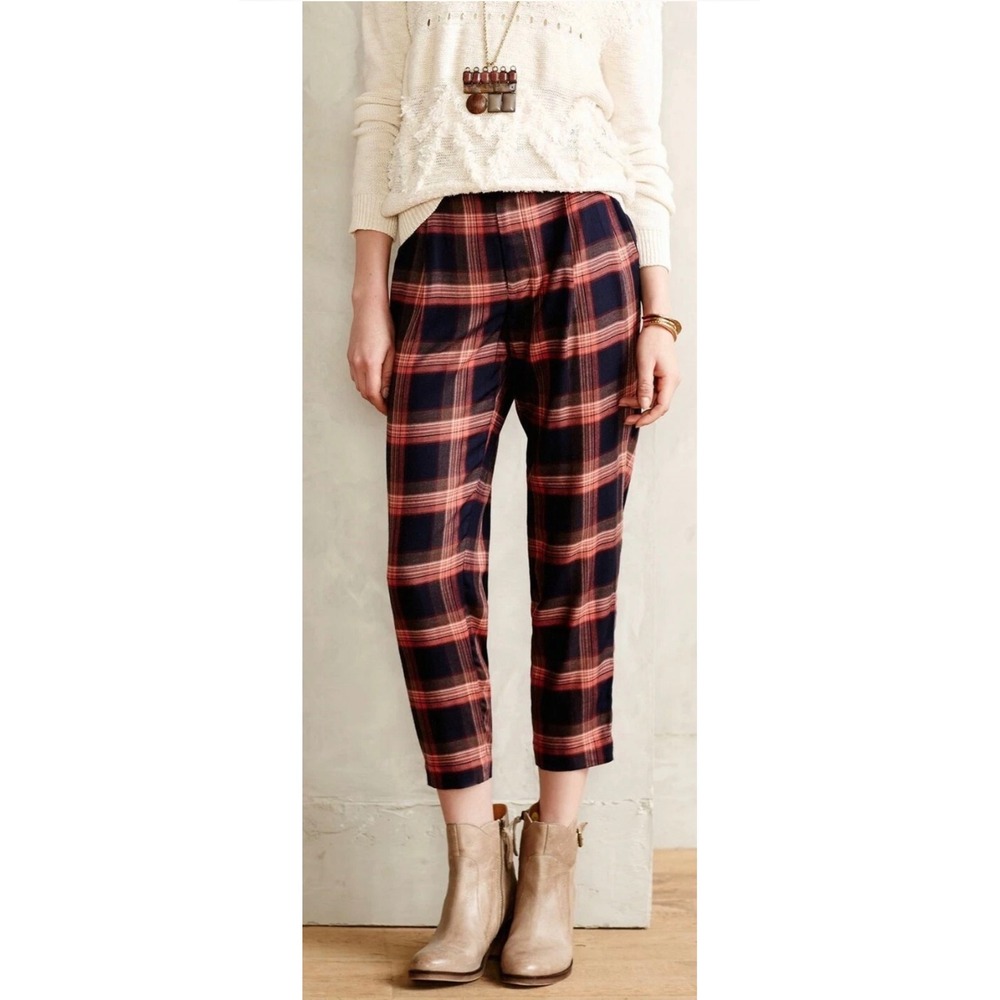 Cartonnier Anthropologie Tartan Plaid Ankle Zip Tapered Trousers pleated